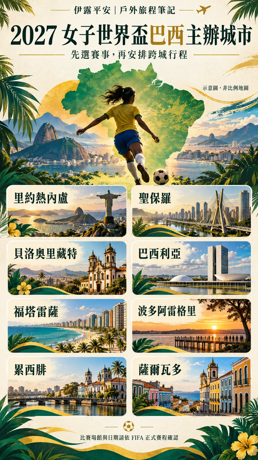 2027 女子世界盃巴西八座主辦城市示意整理,非比例地圖;城市與場館資訊以 FIFA 正式公告為準。