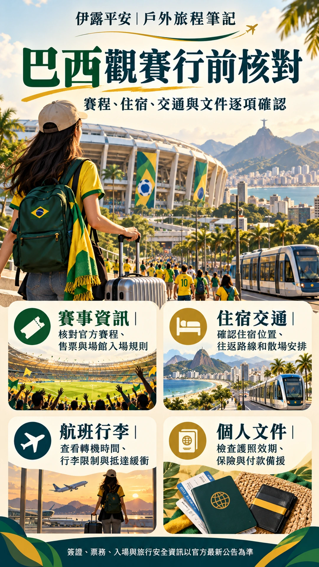 巴西觀賽行前核對 FIFA 賽程票務、住宿交通、航班行李、護照與旅遊警示的直式資訊圖。