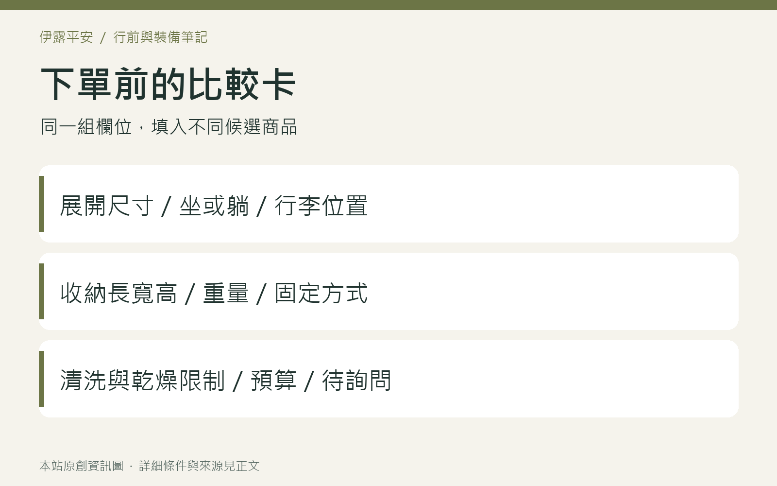 購買野餐墊前記錄展開尺寸、收納體積、重量與清洗限制的比較卡