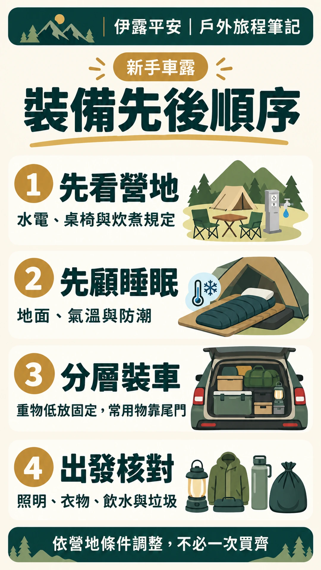 新手車露裝備依營地條件、睡眠環境、裝車固定與出發檢查排序的直式資訊圖。