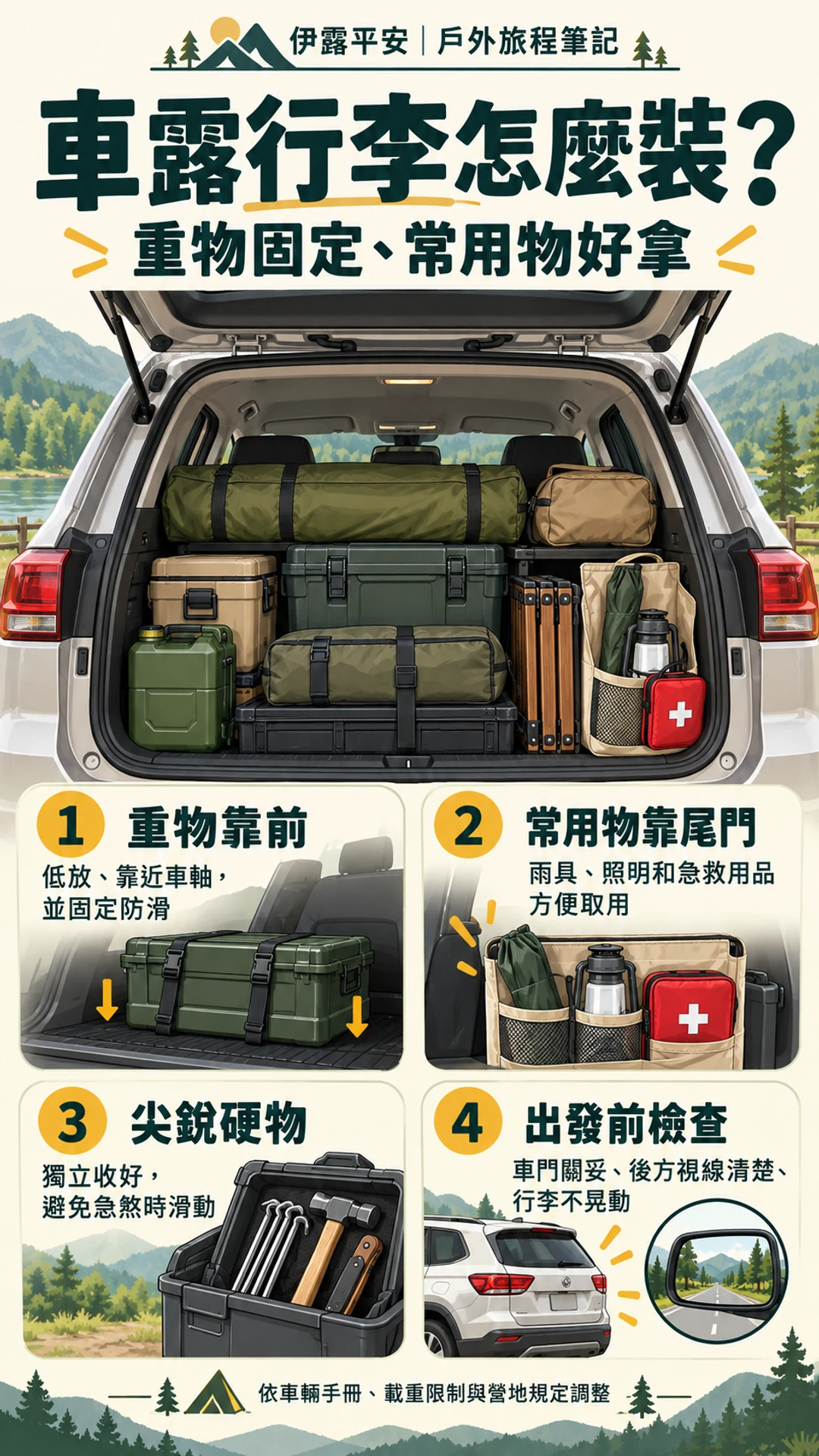 車露裝車時先固定低處重物、分類收納常用物與尖銳工具,並檢查視線和車門的直式資訊圖。