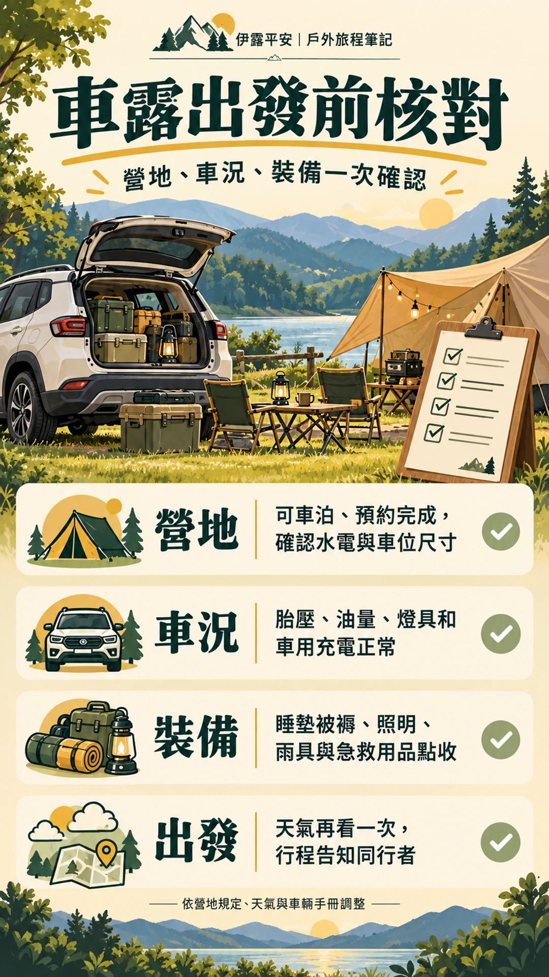 車露行前確認營地與車況,並整理睡眠、照明、雨具和個人物品的直式檢查圖。