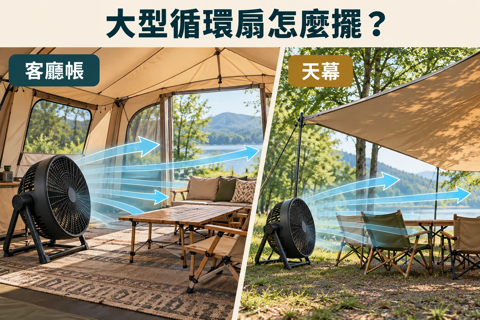 大型黑色循環扇分別放在客廳帳內與天幕下，藍色箭頭表示氣流經過活動區