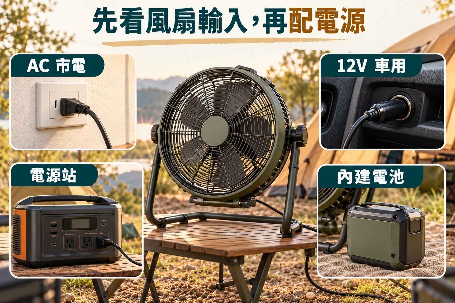 露營循環扇的 AC 市電、12V 車用、電源站與內建電池供電方式示意