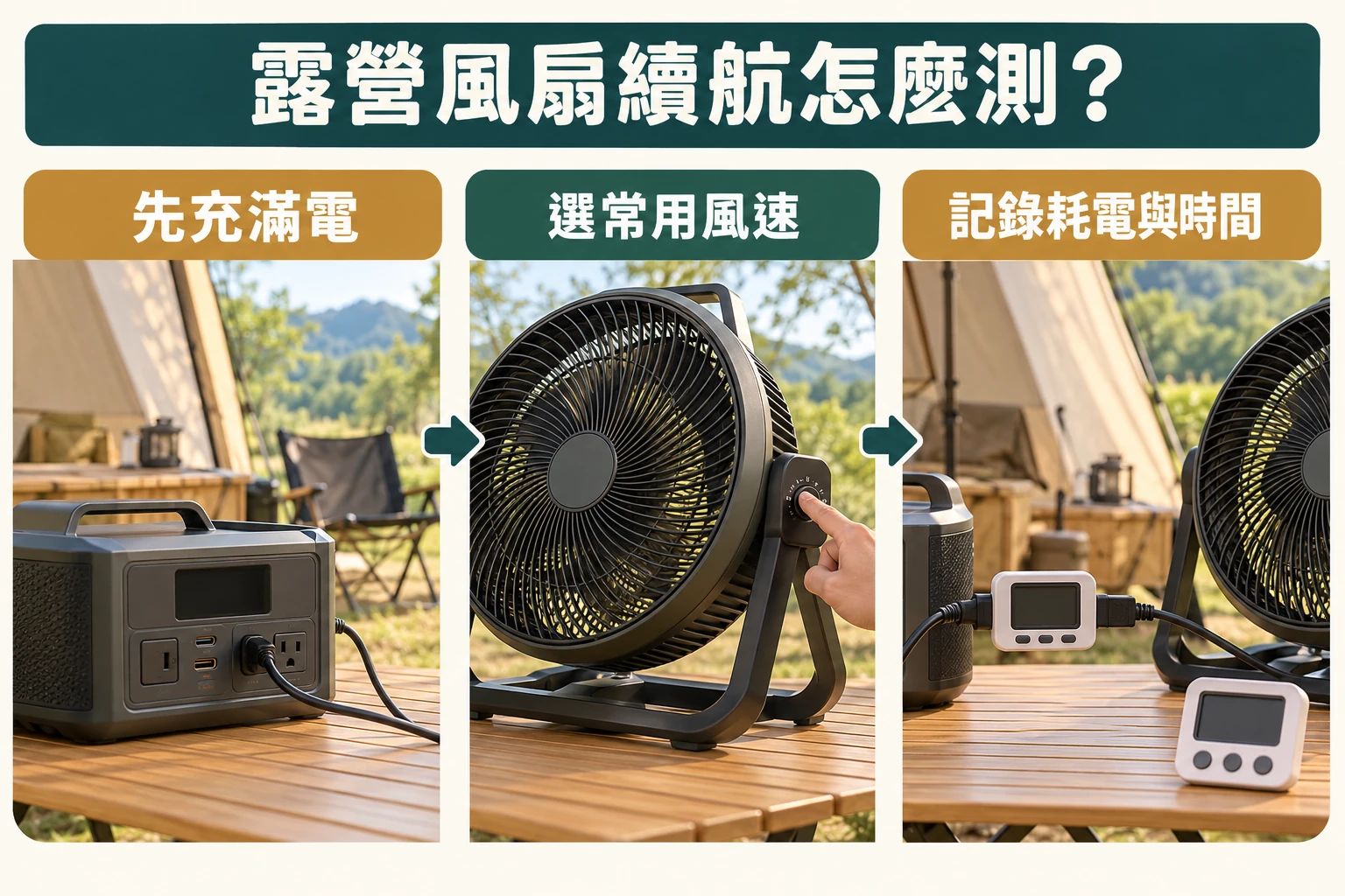 露營循環扇續航測試流程：先充滿電、選常用風速，再記錄耗電與時間