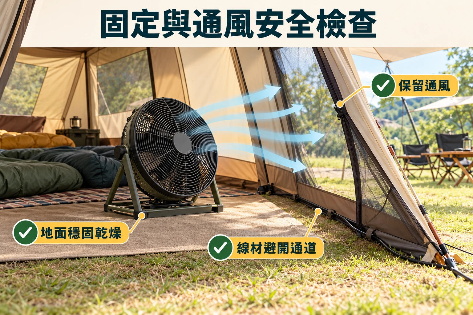 露營帳篷內大型循環扇置於穩固乾燥地面，線材避開通道並保留通風