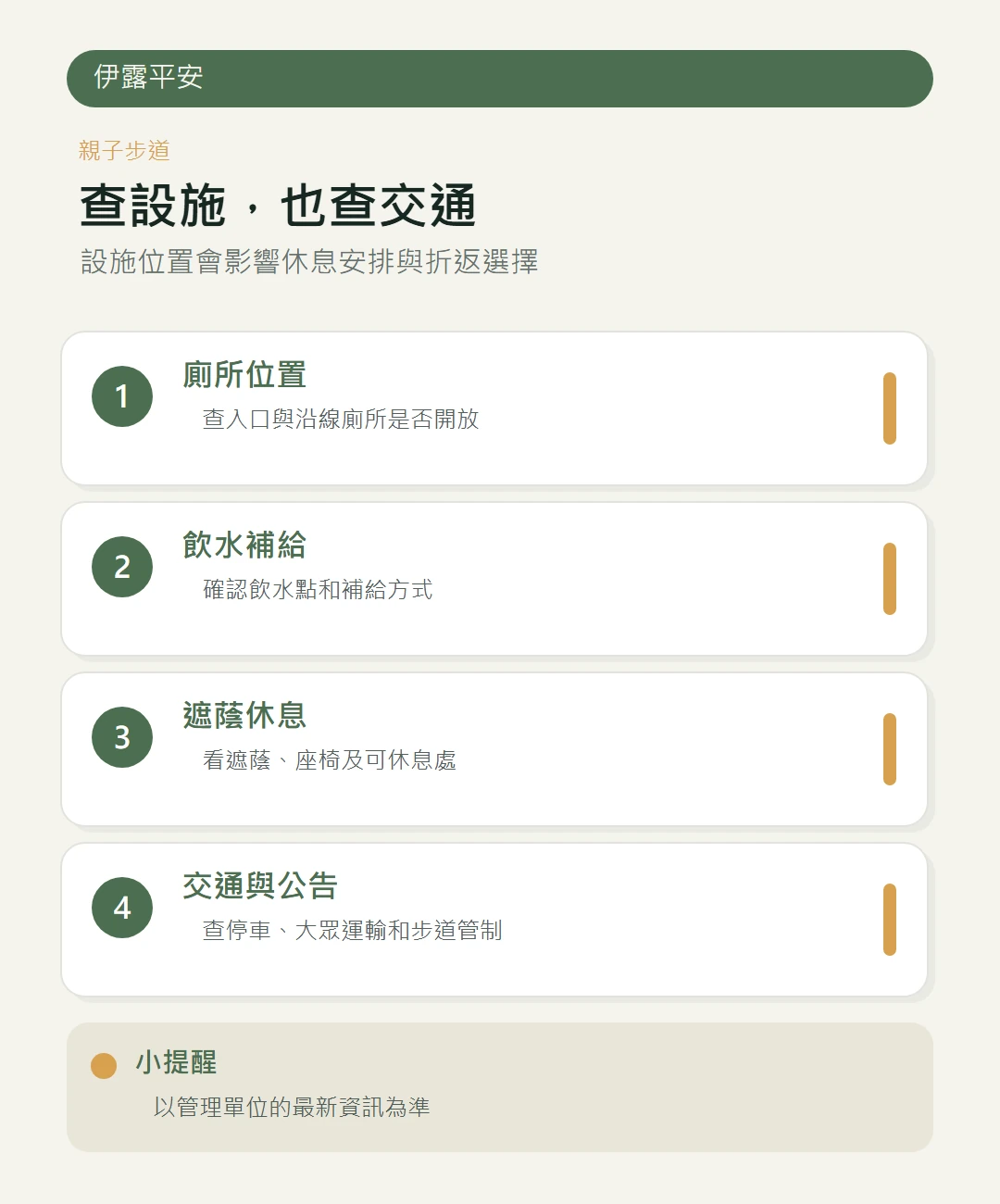 親子步道廁所補給遮蔭與交通檢查