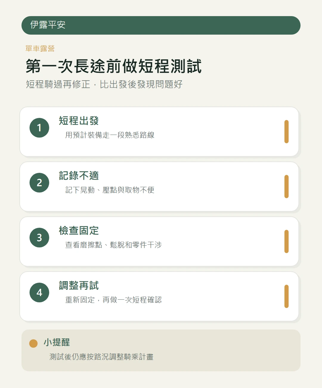 單車露營出發前短程試騎流程