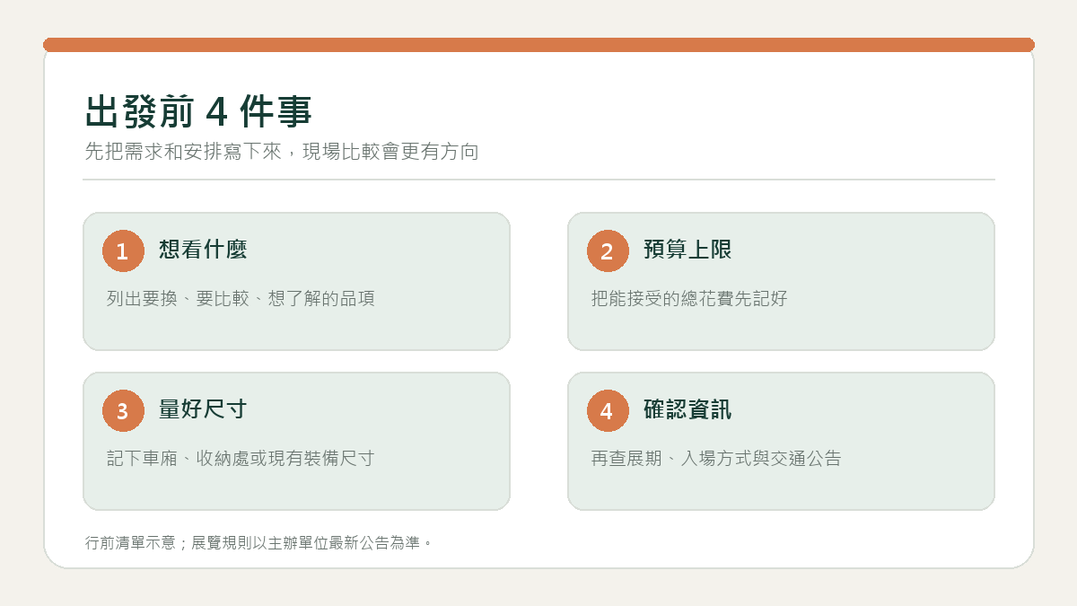 2027 台中戶外用品展逛展清單:採購需求、預算、裝備規格與想看的品牌。