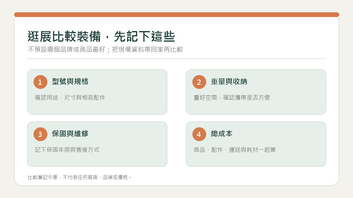 比較戶外裝備時記錄型號、重量、收納尺寸、保固與總成本的資訊圖