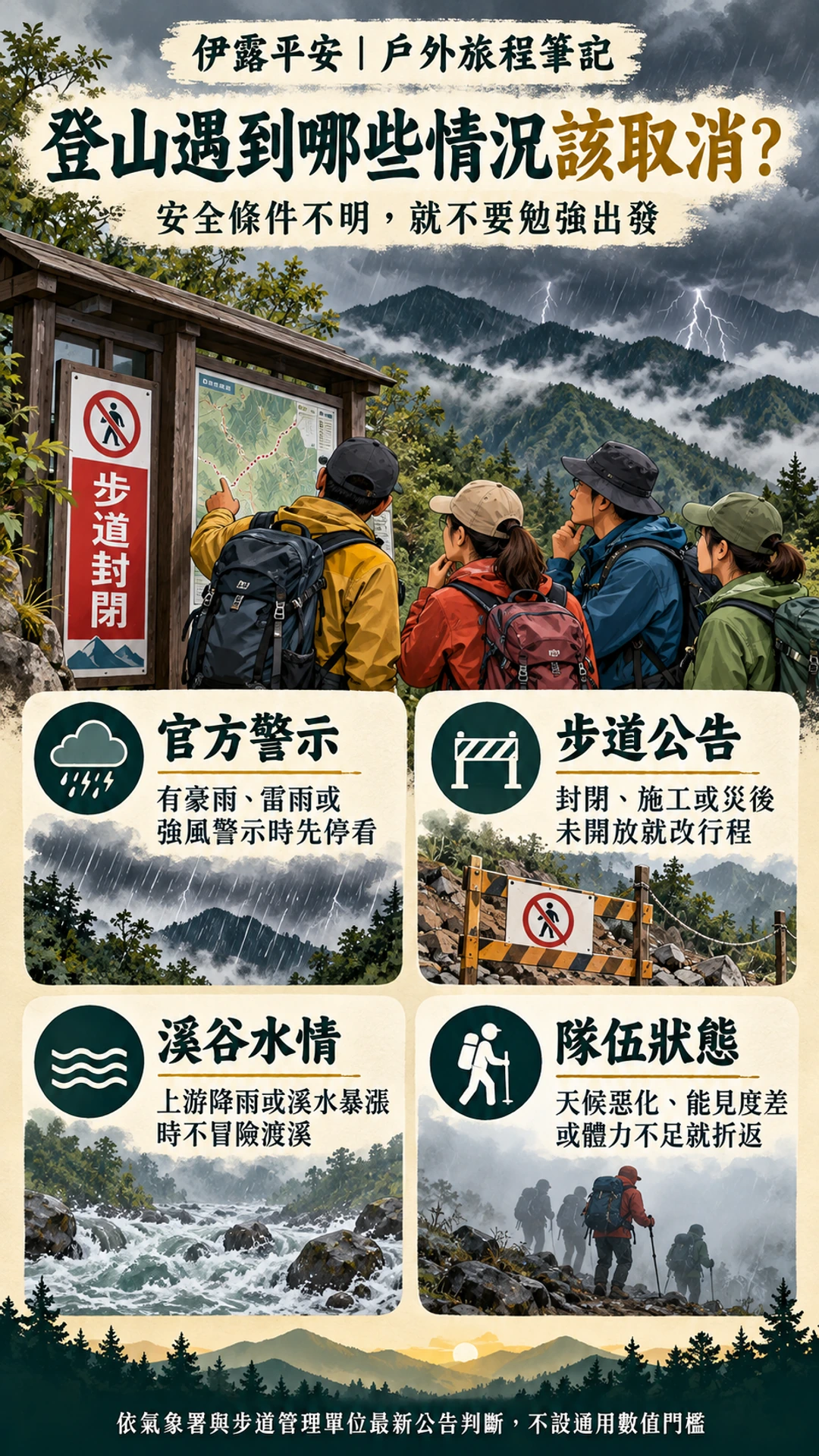登山遇到官方警示、步道封閉、溪水暴漲或隊伍狀態不佳時評估取消、改線或折返的直式資訊圖。