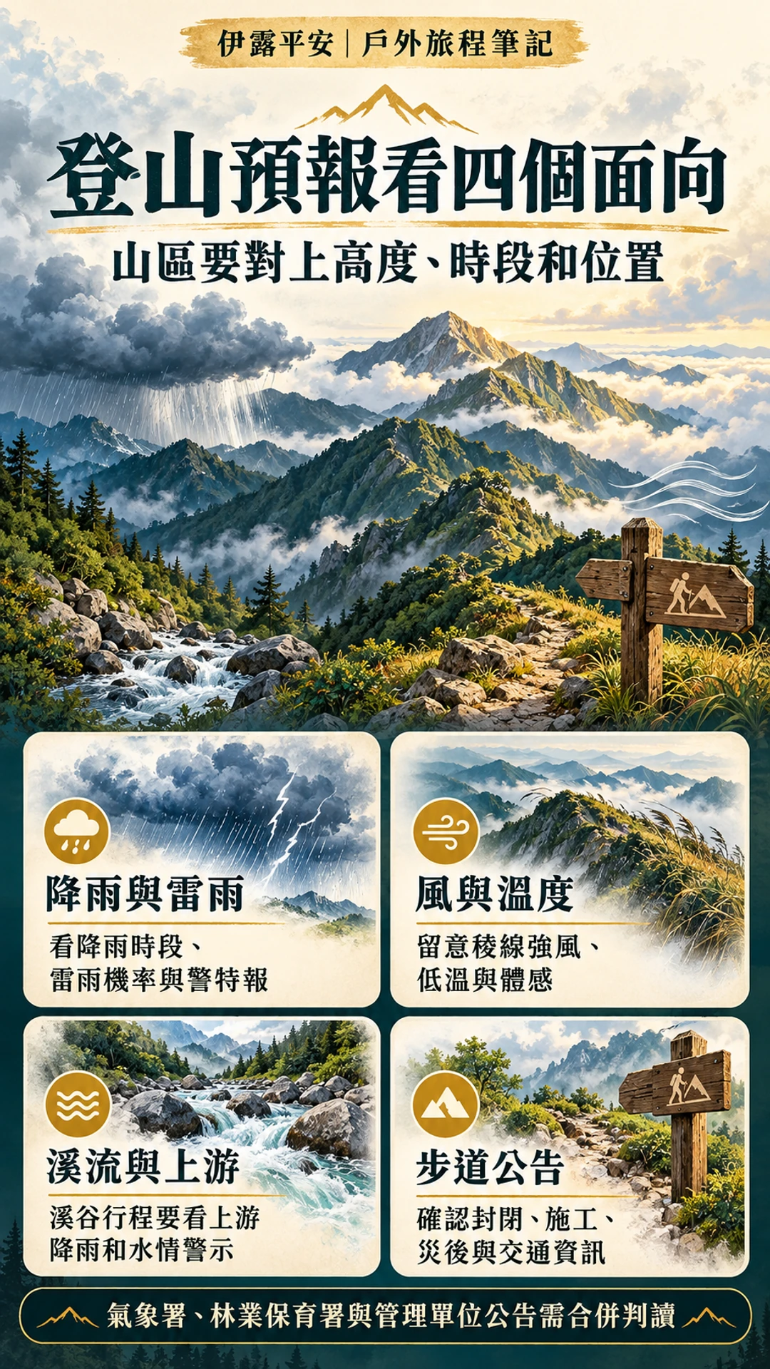 登山查看降雨與雷雨、風與溫度、溪流上游水情和步道公告的直式資訊圖。