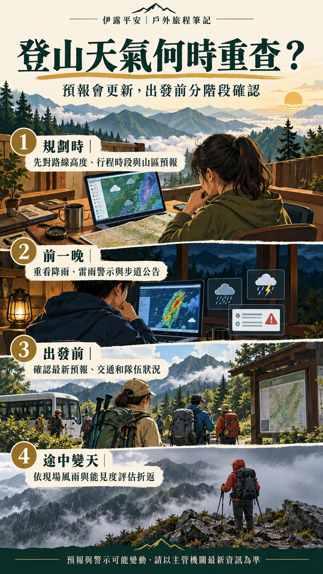 登山規劃、前一晚、出發前及途中分階段重查天氣與官方公告的直式時間圖。