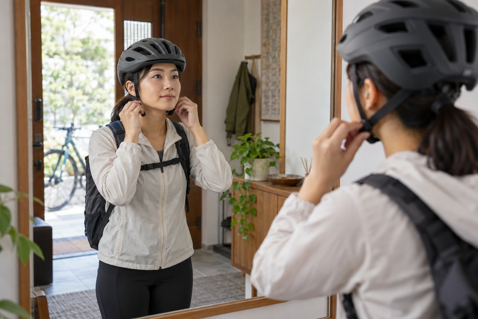 騎士在鏡前調整自行車安全帽,確認帽體貼合與扣帶