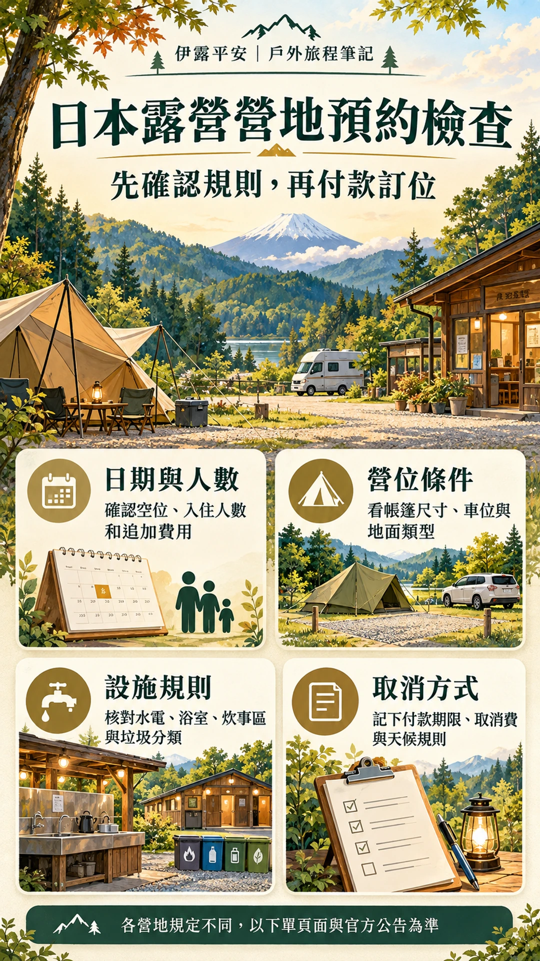 日本露營預約前核對日期、人數、營位、設施規則及取消方式的直式資訊圖。