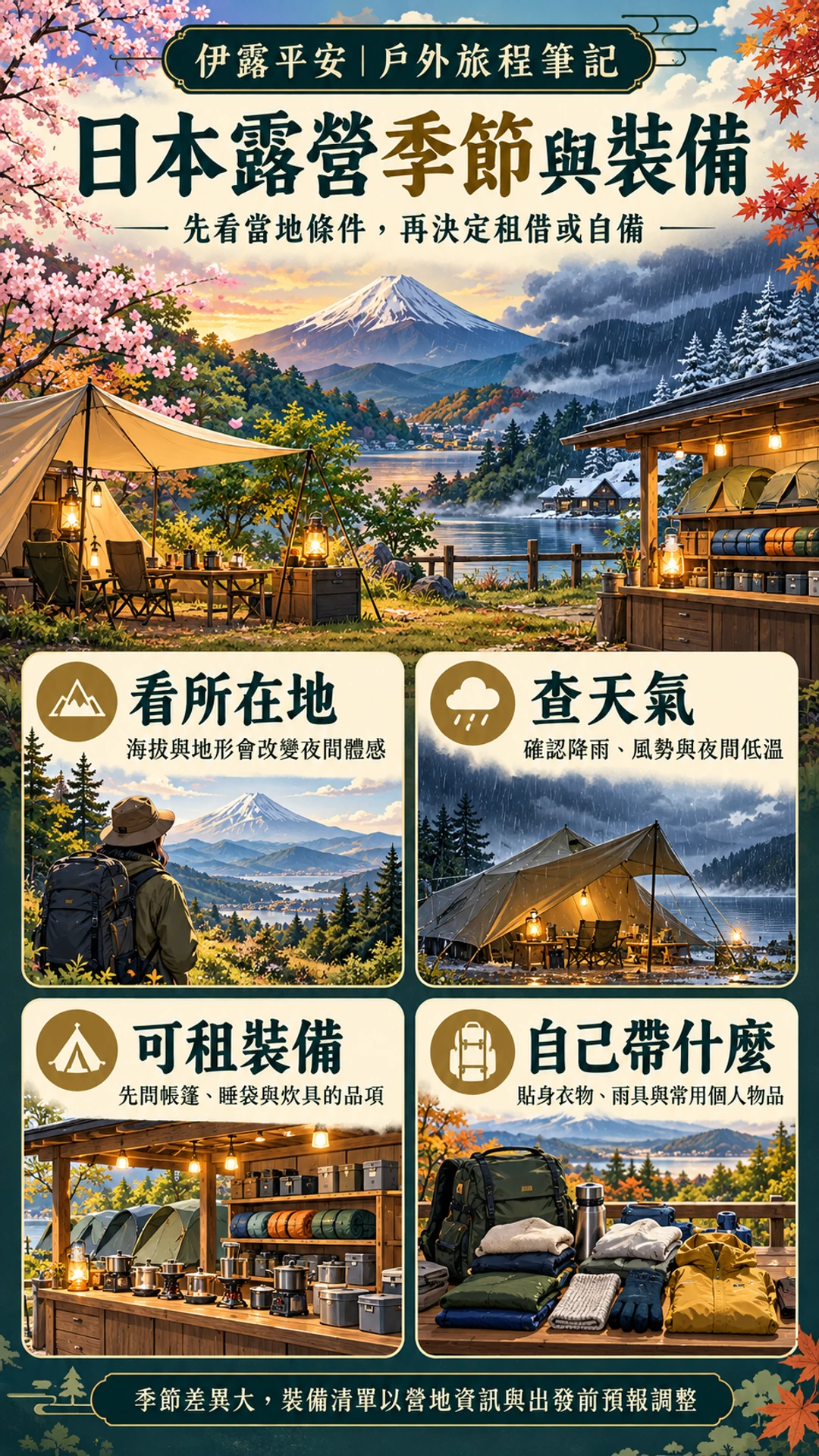 日本露營依營地季節、所在地天候和租借品項安排裝備的直式資訊圖。