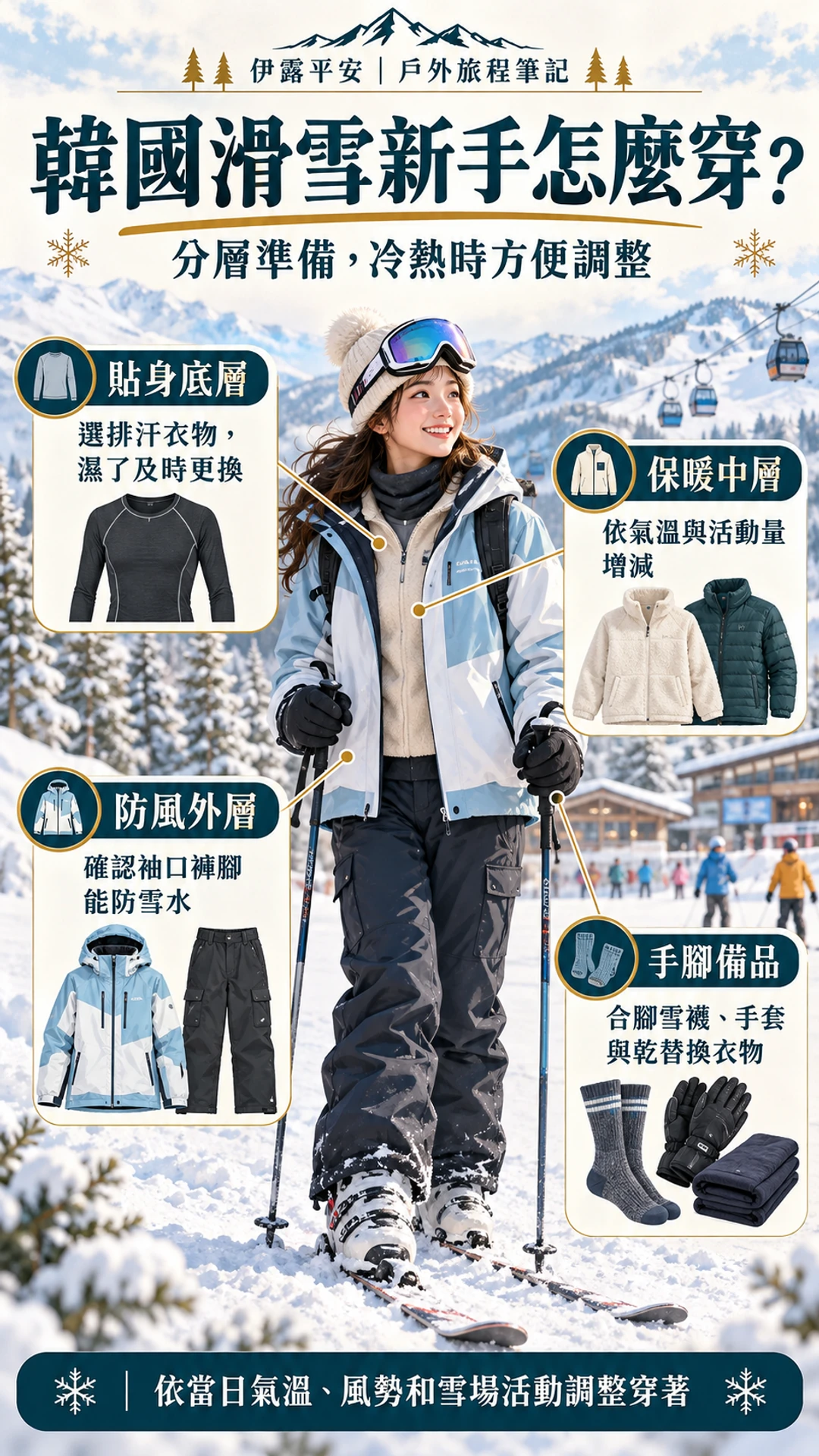 韓國滑雪新手準備排汗底層、保暖中層、防風外層及手腳備品的直式穿著示意圖。