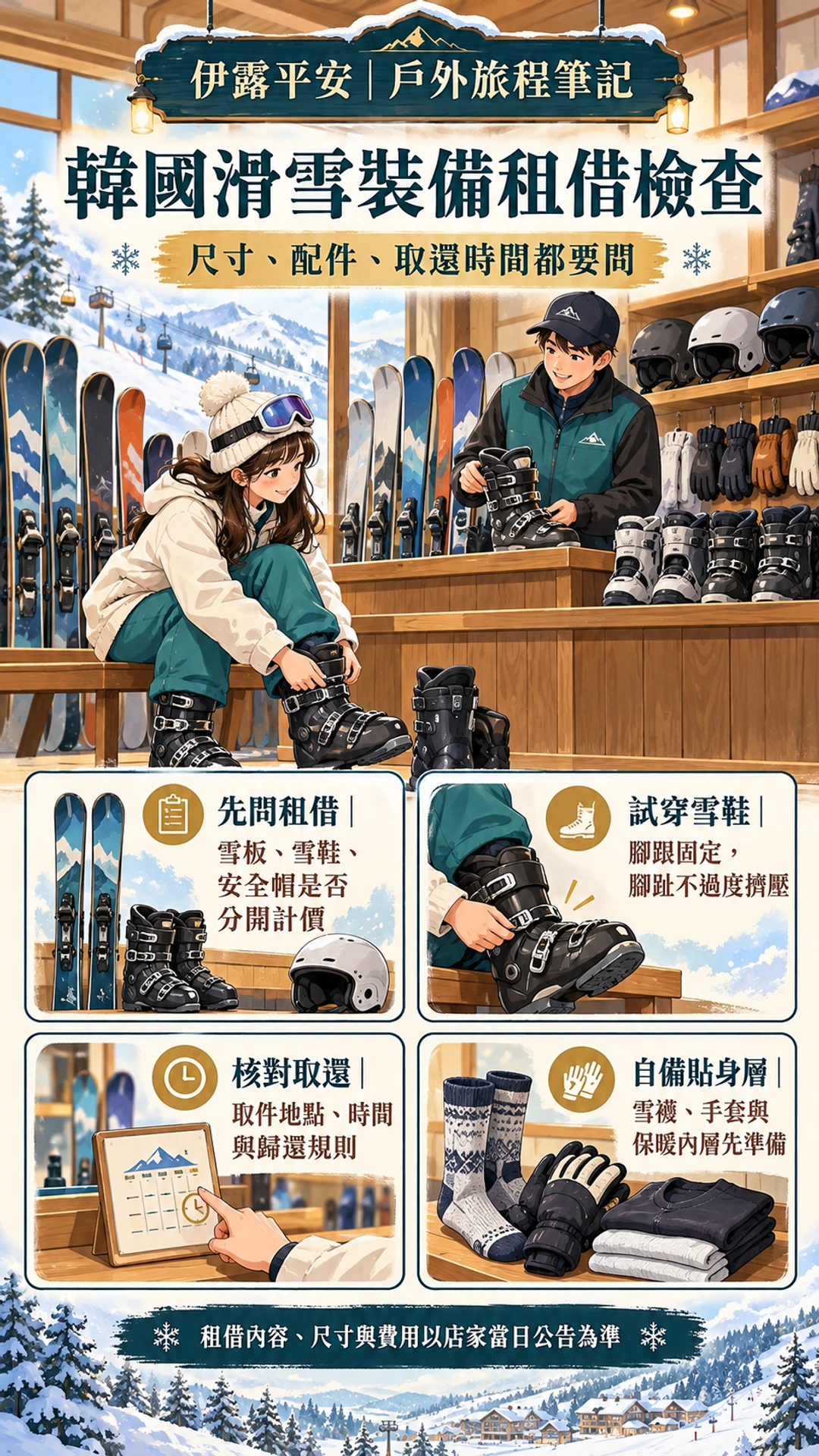 韓國滑雪裝備租借前確認品項與費用、現場試穿雪鞋、取還時間及貼身衣物的直式資訊圖。
