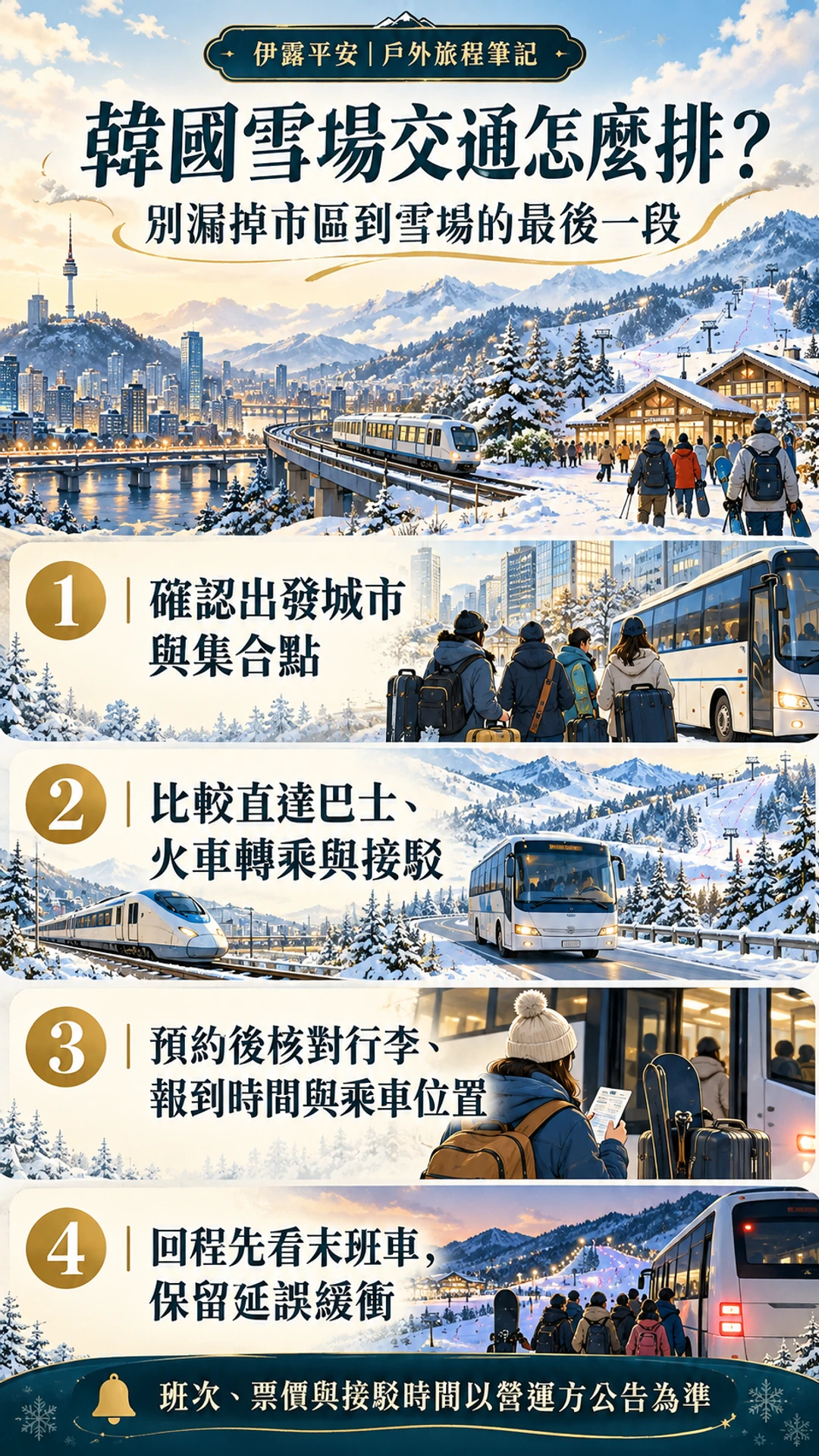 韓國滑雪行程確認出發城市、接駁集合點、轉乘、行李與回程緩衝的直式資訊圖。