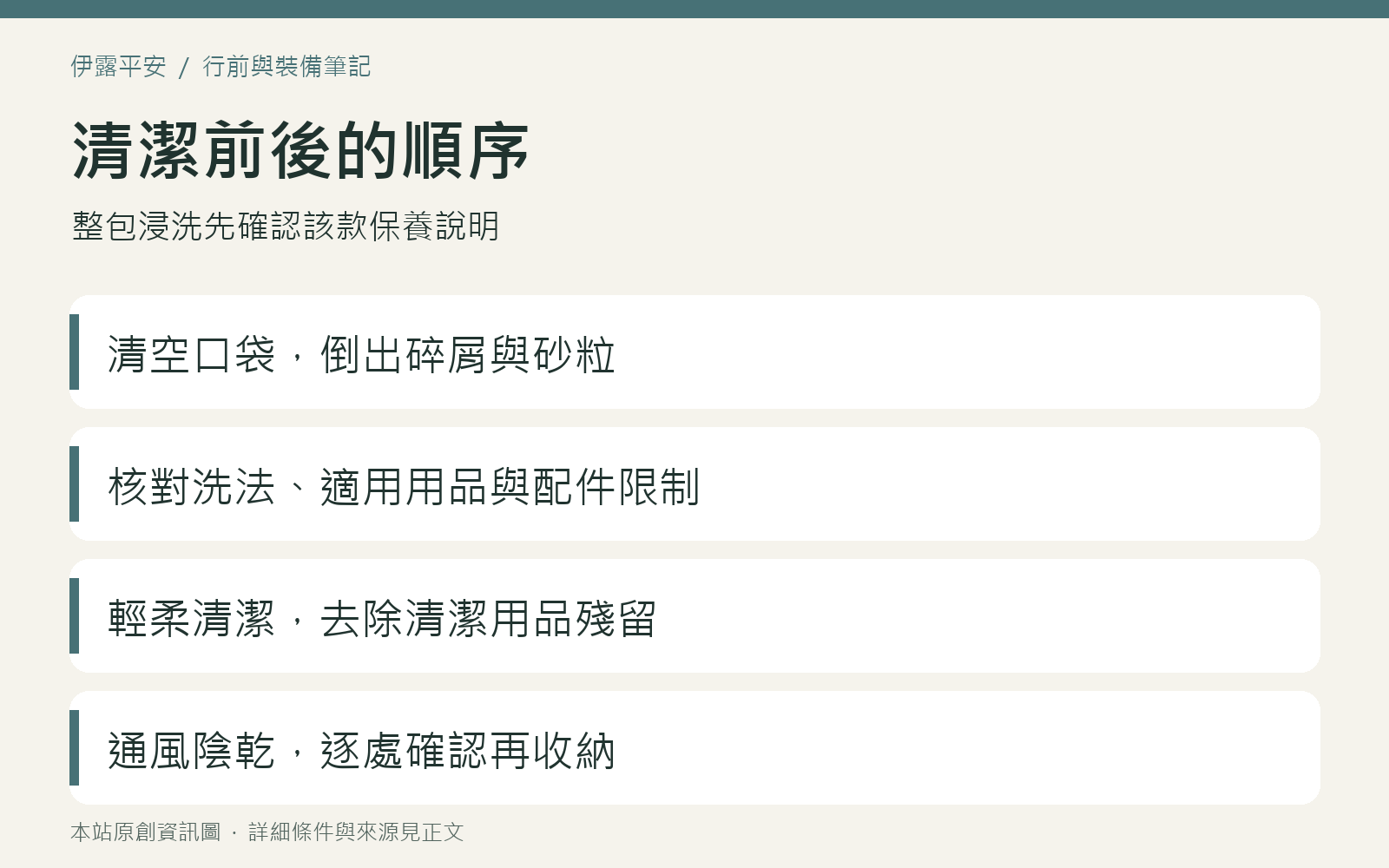 背包清洗順序為清空口袋、核對洗法、輕柔清潔及去除殘留